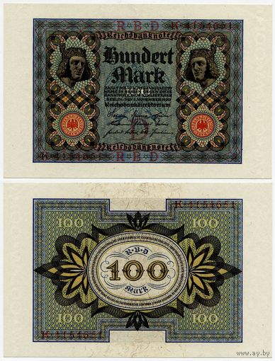 Германия. 100 марок (образца 1920 года, P69a, 7 цифр в номере, UNC)