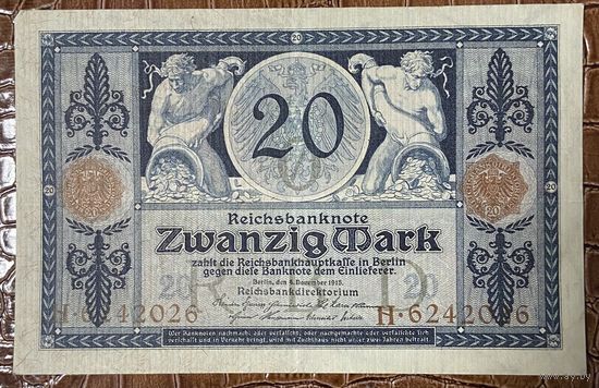 Банкнота 20 марок 1915 год. Германская империя.