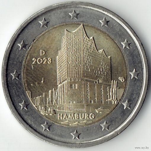 Германия 2 евро, 2023 J Гамбург, Эльбская филармония UNC