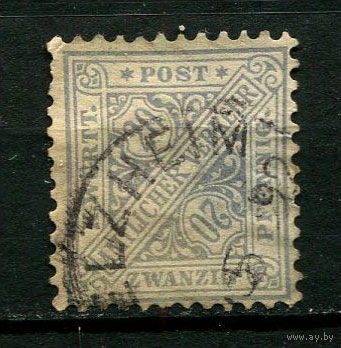 Германские земли - Вюртемберг - 1881 - Цифры 20Pf - (есть тонкое место) - [Mi.204] - 1 марка. Гашеная.  (Лот 133BR)