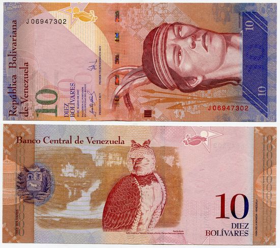 Венесуэла. 10 боливаров (образца 2007 года, P90a2, 4 полоски для слепых, UNC)
