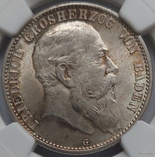 2 марки 1907 Баден MS-64 NGC КУРСОВАЯ МОНЕТА. РЕДКОСТЬ!!!