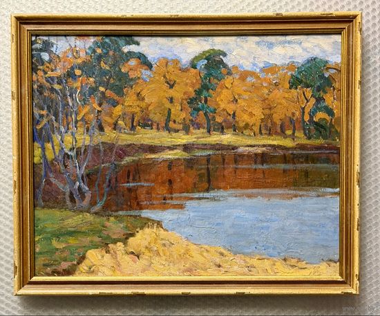 Жолток В.К "Осенний пруд", 1982г. Картон, масло. Размер с рамой 44,5х55 см.