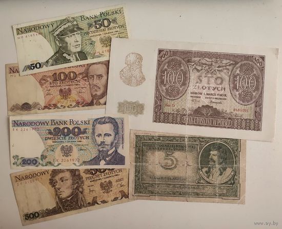 Польша набор банкнот: 5 марок 1919, 100 злотых 1940г, 50, 100, 200, 500 злотых (распродажа коллекции).