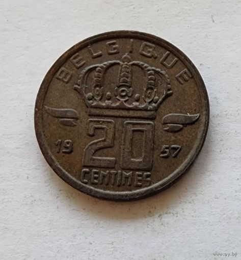 Бельгия 20 сантимов, 1957 Надпись на французском - 'BELGIQUE'