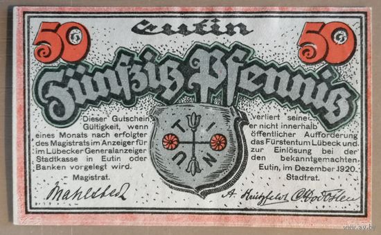 Германия, нотгельды, 50 пфеннигов 1920 год, Эутин (Eutin), Mehl 359.1a