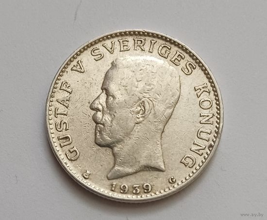 1крона. 1939 г. 800пр.,Густав V. Швеция.