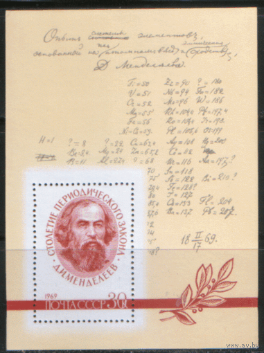 ЗАГ. БЛОК 59. 1969. Д.И. Менделеев. Периодическая система. ЧиСт.