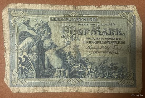 Банкнота 5 марок 1904 год. Германская империя