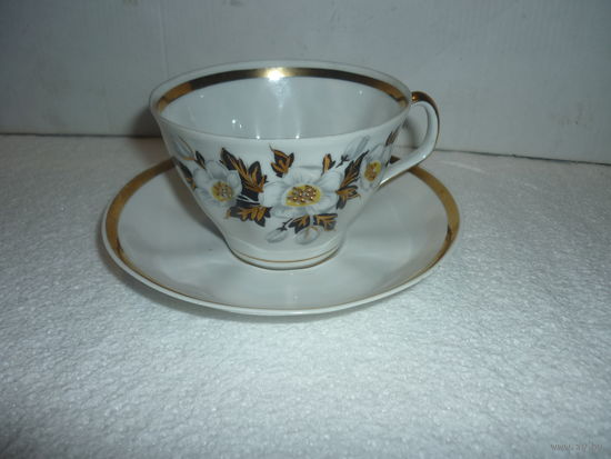 Чайная Пара Костяной Фарфор Рига СССР Ручная роспись Рельефный рисунок