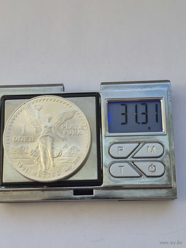 1 онза 1991 года, Серебряная инвестиционная монета "Свобода". Мексика, Мексиканские Соединённые Штаты (1970 - 1992). Серебро 999. Монета не чищена. S45474.