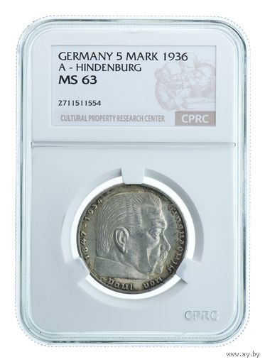 Германия. Веймарская Республика. Гиденбург 5 марок 1936 А. слаб CPRC MS63