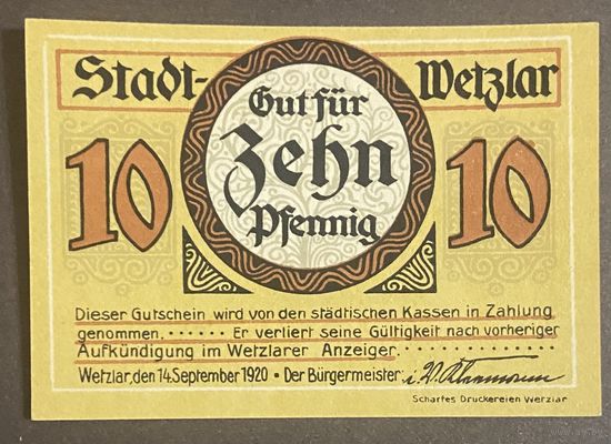 Нотгельд 10  пфеннигов 1920 год. Вецлар,. Веймарская республика