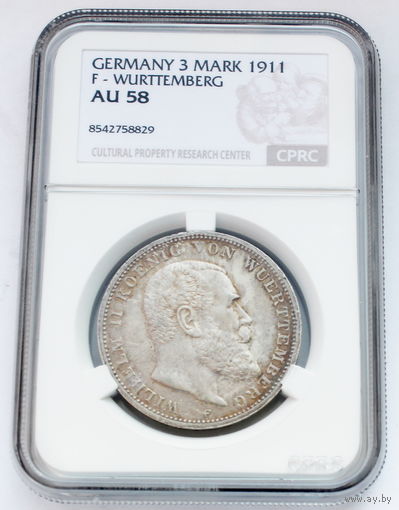 ГЕРМАНИЯ ВЮРТЕМБЕРГ 3 марки 1911 год "ВИЛЬГЕЛЬМ II - ВЮРТЕМБЕРГСКИЙ" (серебро)