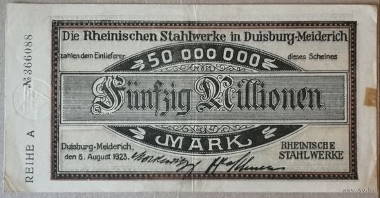 Германия 50 миллионов марок 1923 г Дуйсбург-Мейдерих XF, В/З, 1205k1.1, тисненая печать ВЫПУСК ДЛЯ РЕЙНСКИХ СТАЛЕПЛАВИЛЬНЫХ ЗАВОДОВ,