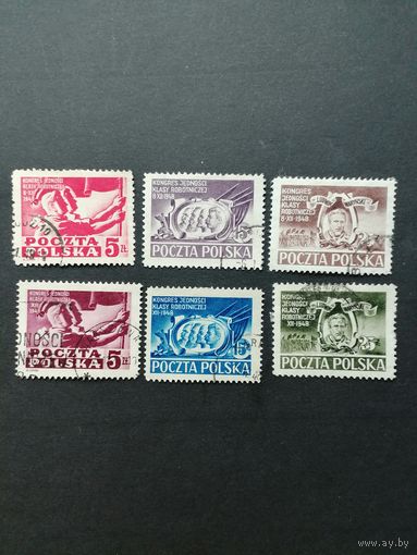 Польша 1948 Полная серия марок "Объединительные съезды рабочей и социалистической партий" (гашение без клея, следы от наклеек) Mi.505-510 каталог 10.00 евро
