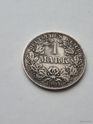 1 марка 1901 года. Германия. Вильгельм II. Серебро 900. Монета не чищена. 45435