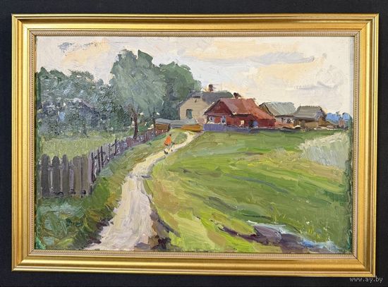 Савицкий В.Н "Переселка", 1952г. Картон, масло. Размер с рамой 40х55,5 см.