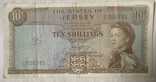 Банкнота 10 шиллингов 1963 год. Джерси. Королева Елизавета II