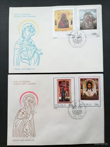 Польша 1991 Три КПД с полной серией марок "Иконы из музея Земли Любской" (спецгашение) Mi.3319-3324 каталог 3.50 евро