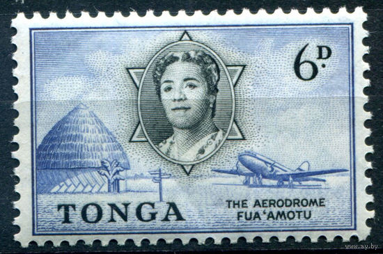 Британский протекторат - Королевство Тонга - 1953г. - ландшафты, архитектура, самолёт, королева Салоте Тупоу III, 6 P - 1 марка - MLH [Mi 107]. #4-B5-106-A-1