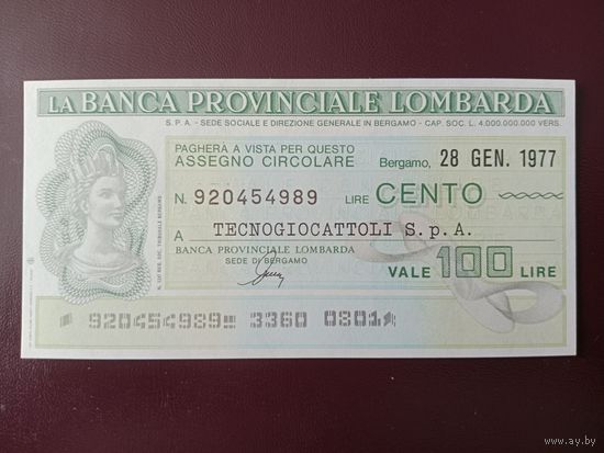 Италия Банковский чек 100 лир 1977 UNC