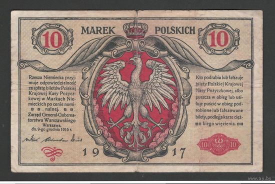 Польша 10 марок 1917 года. Тип Р-12. biletow Polskiej Krajowej Kasy Pozyczkowej. Состояние VF