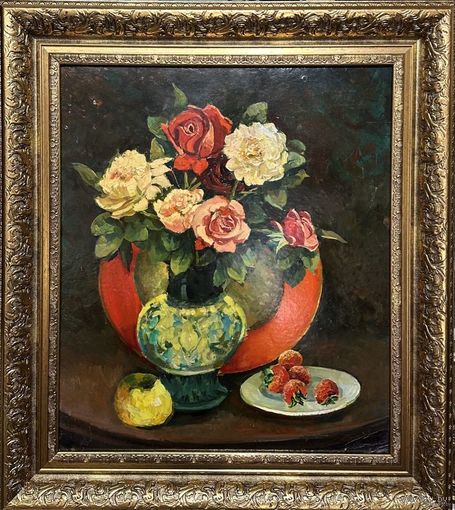 Гугель А.С. Каталожный "Натюрморт с клубникой",1972г. Картон, масло. Размер 47х55 см.