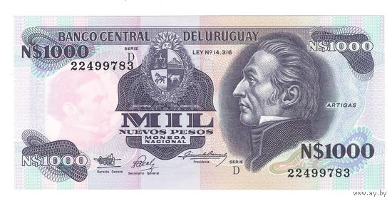 Уругвай 1000 песо 1991 года. Тип Р-64A. Состояние UNC!
