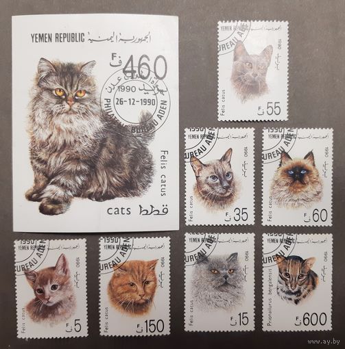 Йемен. 1990 год. Фауна. Кошки. Блок и 7 марок