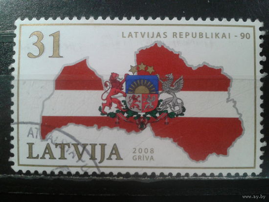 Латвия, 2008. Государственный герб и флаг на фоне карты