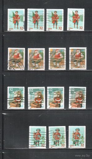 (США-1995 (Мих.2648-2651) , гаш. ,  Рождество,Новый Год,(полная серия), разл.зубцовки