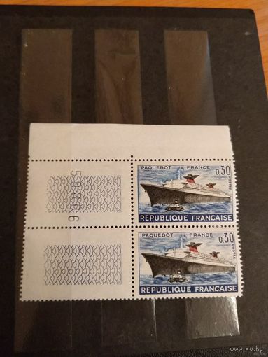 1962 Франция лайнер Франция чистая клей MNH** квартблок с 2купонами и номером печатного листа выпускалась одиночкой (3-13)