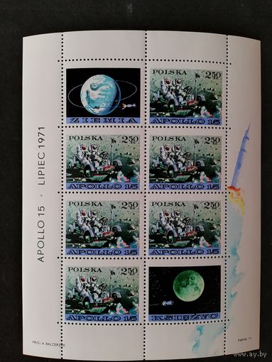 Польша 1971 Блок Mi.48 с 6 марками и 2 купонами "Американский космический корабль "Апполон 15"" (чистый**) Mi.2123 каталог 10.00 евро
