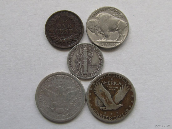 США 1 цент 1904, 5 центов 1937, 10 центов 1941 D, 25 центов (квотер) 1894 S и 1930. Цена за набор