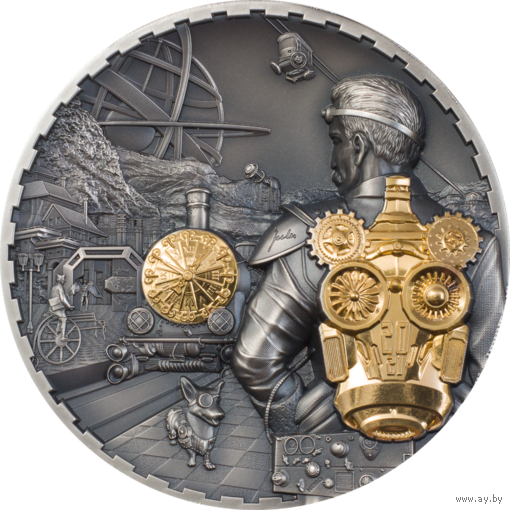 RARE Острова Кука 20 долларов 2021г. "Стимпанк. Steampunk. Реактивный ранец". Монета в капсуле; подарочной рамке - футляре; сертификат; коробка. СЕРЕБРО 93,30гр.(3 oz).
