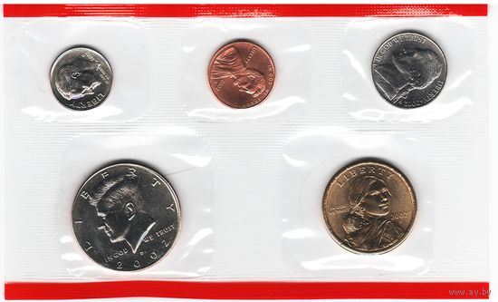 Годовой набор монет США 2002 г. с одним долларом Сакагавея "Парящий орел" двор D (1; 10; 25; 50 центов + 1 доллар) _UNC