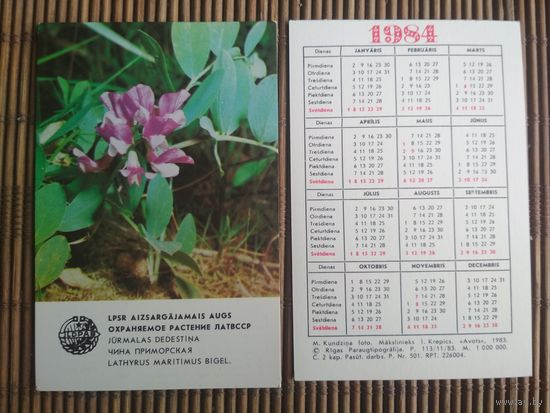Карманный календарик.1984 год. Охраняемое растения ЛатССР