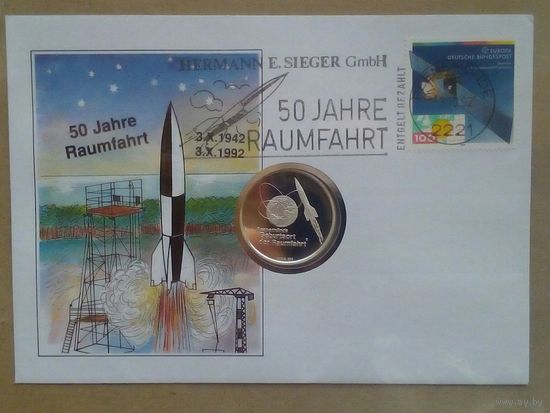 50 лет полету  ракеты. Конверт с редкой медалью.  космос+ медаль похоже серебро  стоит проба 999.70