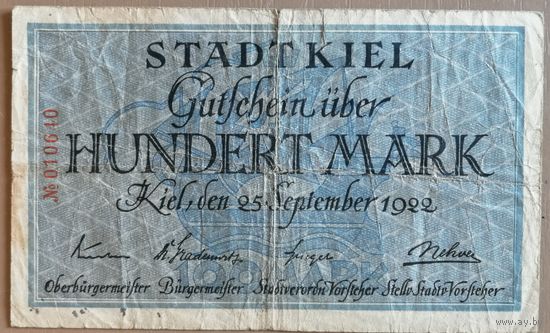 Германия 100 марок 1922 год , город Киль, 2295.1a . B4
