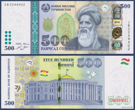 Таджикистан, 500 сомони 2022 г., P-22 (JB, номинация IBNS 2010, поэт Абдуллах Рудаки), UNC