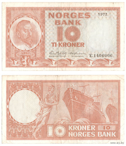 НОРВЕГИЯ 10 Крон 1972 г., P-31f (Кристиан Микельсен - 1-й Премьер-министр Норвегии)