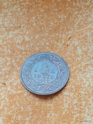 22. Британская Индия 1/12 анна 1908 г. Редкая! (брак - частичный непрочекан номинала) аUNC!