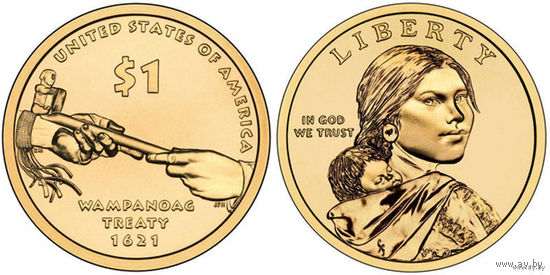 1 доллар 2011 год США Трубка мира (Договор с Вампаноагами)Сакагавея