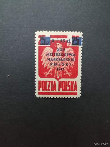 Польша 1947 Марка надпечаткой "5+15zl mistrzostwa narciarskie polski 1947" на марке 1944 года Mi.383 "Чемпионат Польши по лыжным гонкам в Закопане" (чистая**) Mi.452 каталог 5.00 евро
