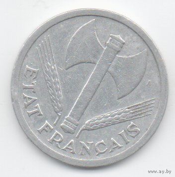 ФРАНЦУЗСКОЕ ГОСУДАРСТВО. 2 ФРАНКА 1943.ТРУД. СЕМЬЯ. РОДИНА.