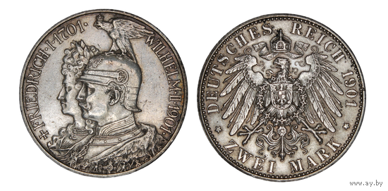 Шикарная монета 2 марки 1901 года Германия - Пруссия - 200 лет династии В коллекцию Много лотов с рубля Лот 1
