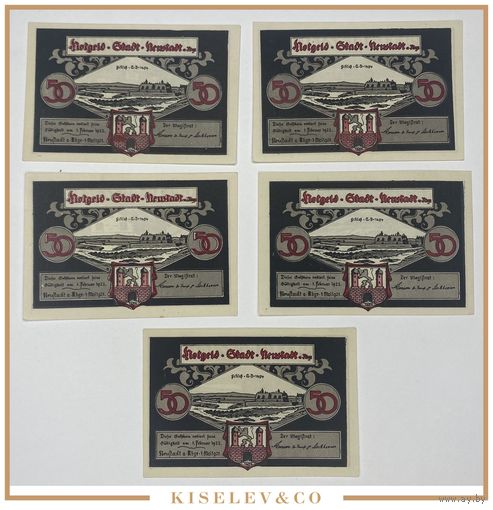 Германия Нойштадт 50 пфеннигов 1921 года. 5 шт. Состояние UNC