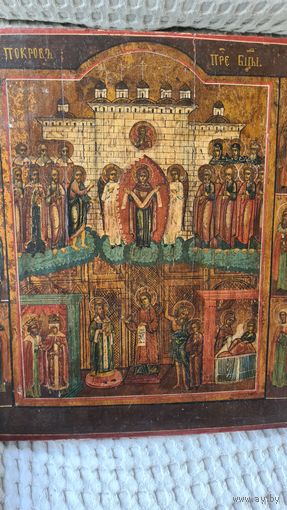 Большая оригинальная живописная  икона ПОКРОВА ПРЕСВЯТОЙ БОГОРОДИЦЫ  19 век