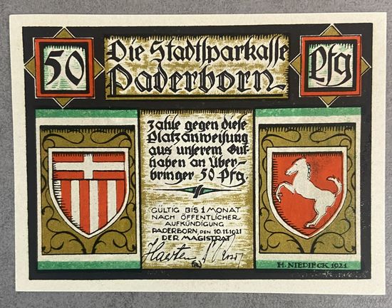 Нотгельд Падерборн 50 пфеннигов 1921 год. Веймарская республика